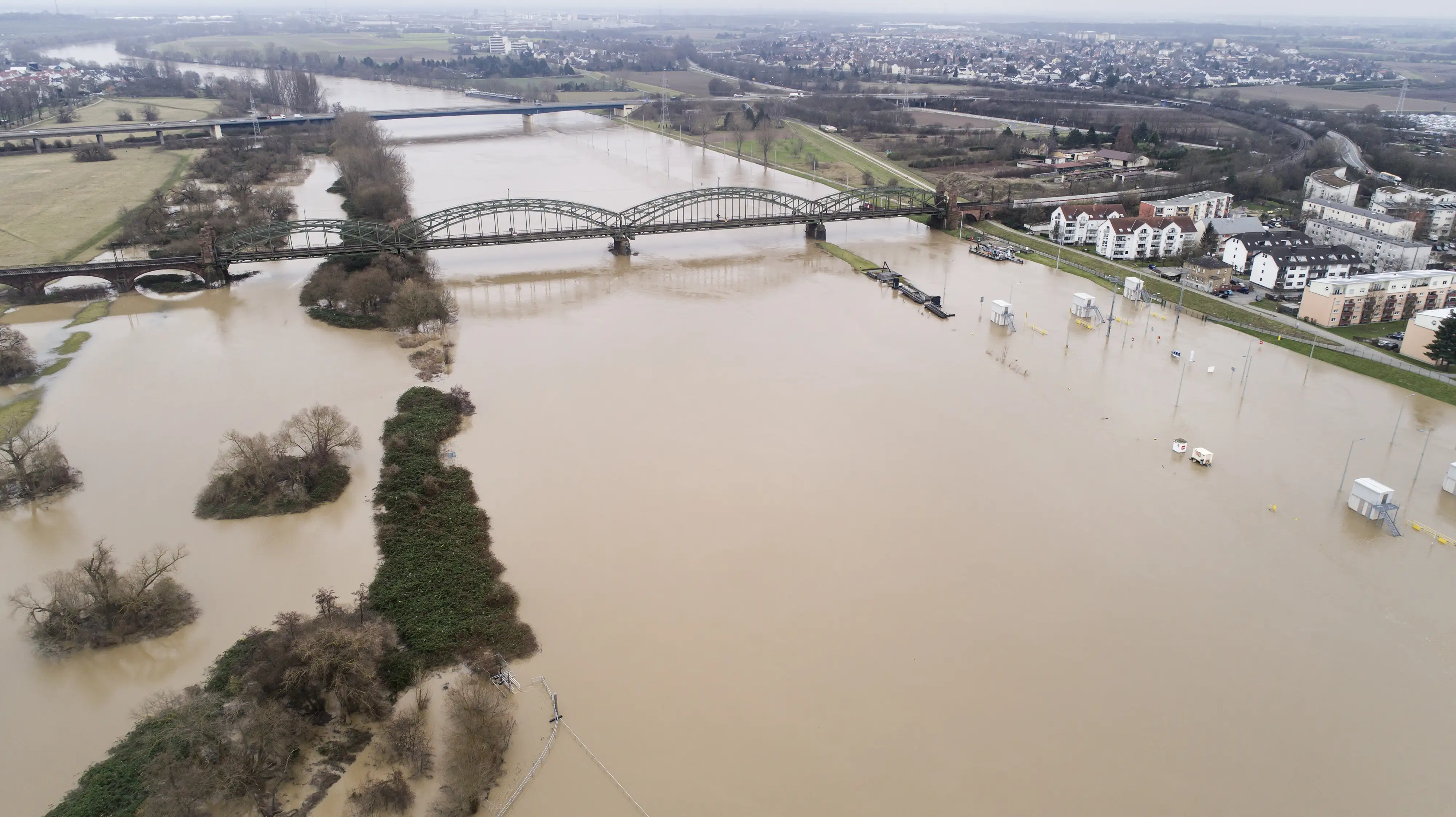 Flooded riverbanks of River Main, Germany after heavy rainfalls